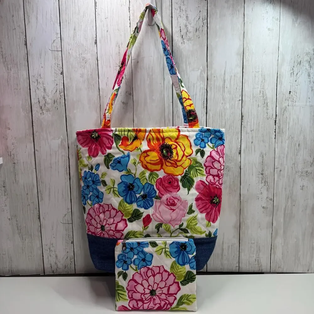 Quilted Colorful Floral Garden Tote Bag Denim Accent : Matching Zipper Pouch